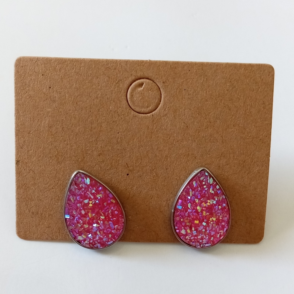 Fashion Jewelry Hot Pink Druzy Teardrop Druzy Stud Earrings